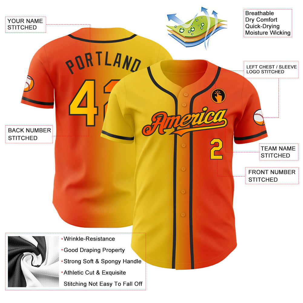 Custom Orange Yellow-Black Authentic Gradient Fashion Baseball Jersey baseball jersey product view 3