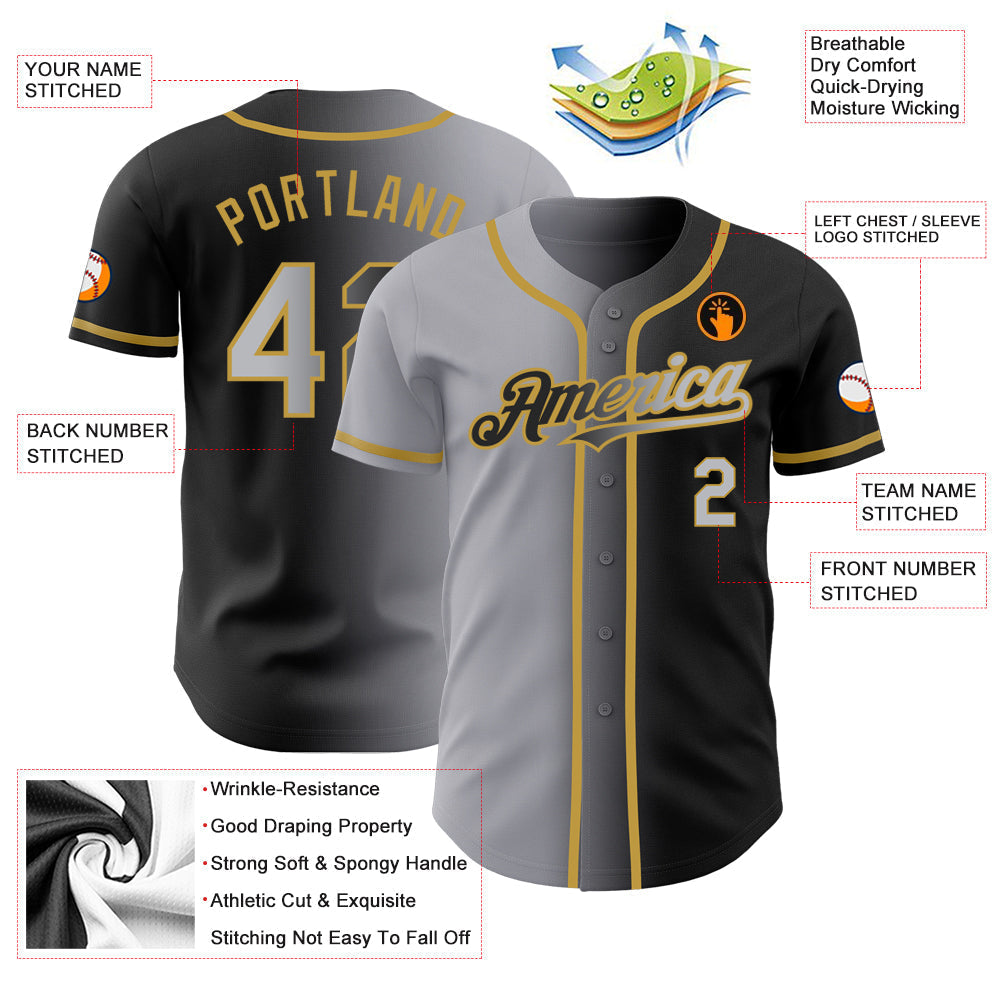 Custom Black Gray-Old Gold Authentic Gradient Fashion Baseball Jersey baseball jersey product view 3