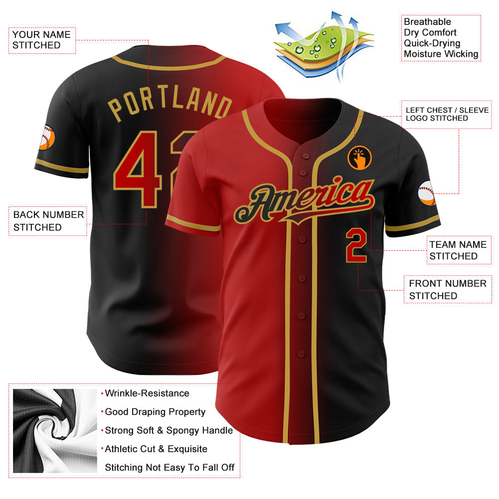 Custom Black Red-Old Gold Authentic Gradient Fashion Baseball Jersey baseball jersey product view 3