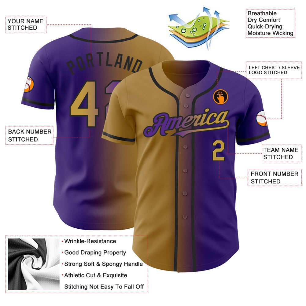 Custom Purple Old Gold-Black Authentic Gradient Fashion Baseball Jersey baseball jersey product view 3
