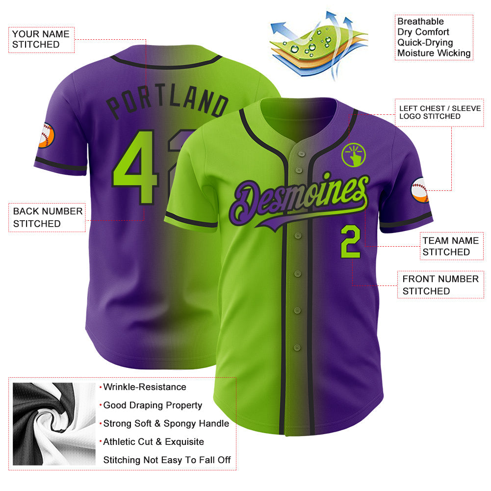 Custom Purple Neon Green-Black Authentic Gradient Fashion Baseball Jersey baseball jersey product view 3