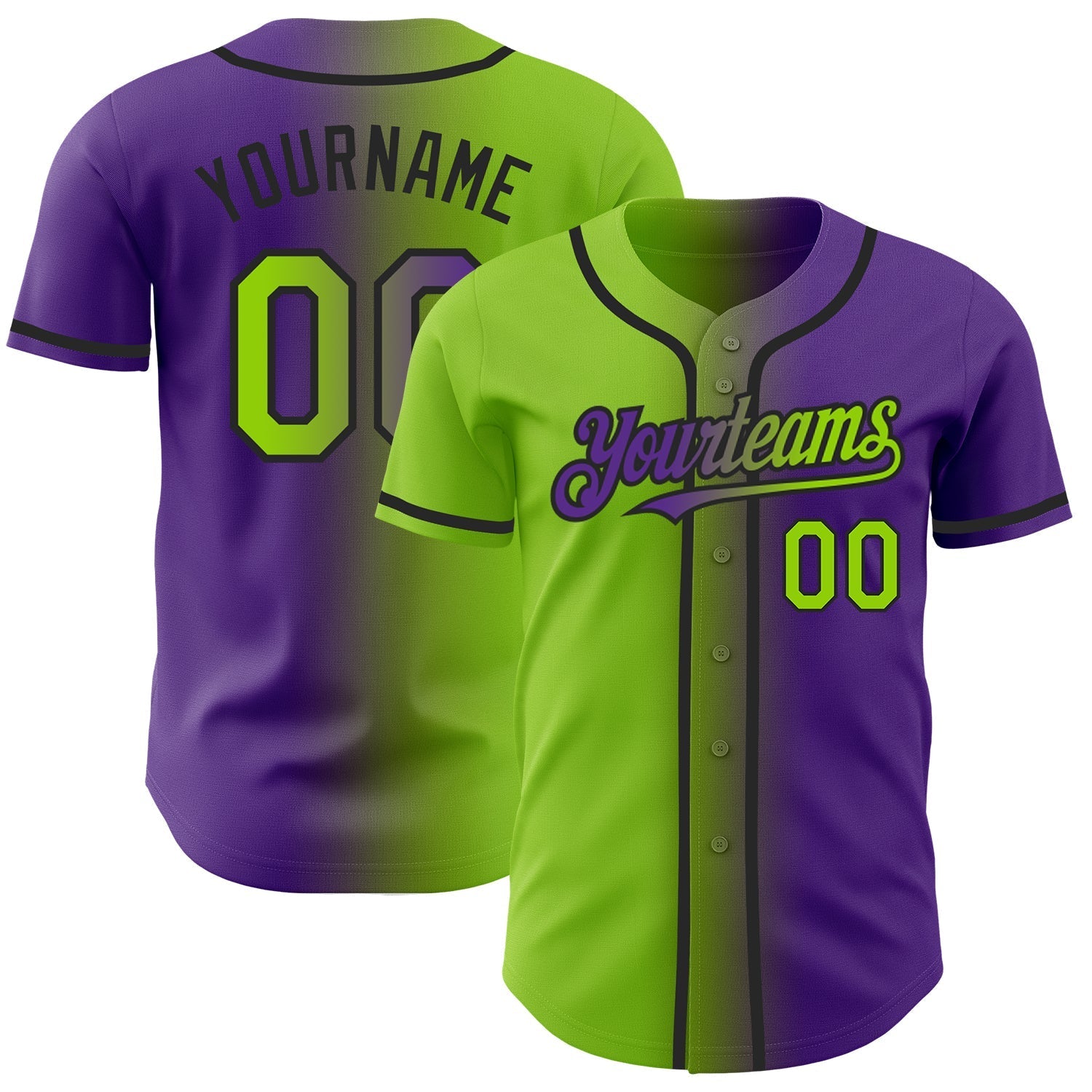 Custom Purple Neon Green-Black Authentic Gradient Fashion Baseball Jersey baseball jersey product view 1