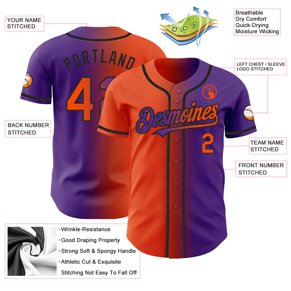Custom Purple Orange-Black Authentic Gradient Fashion Baseball Jersey baseball jersey product view 4