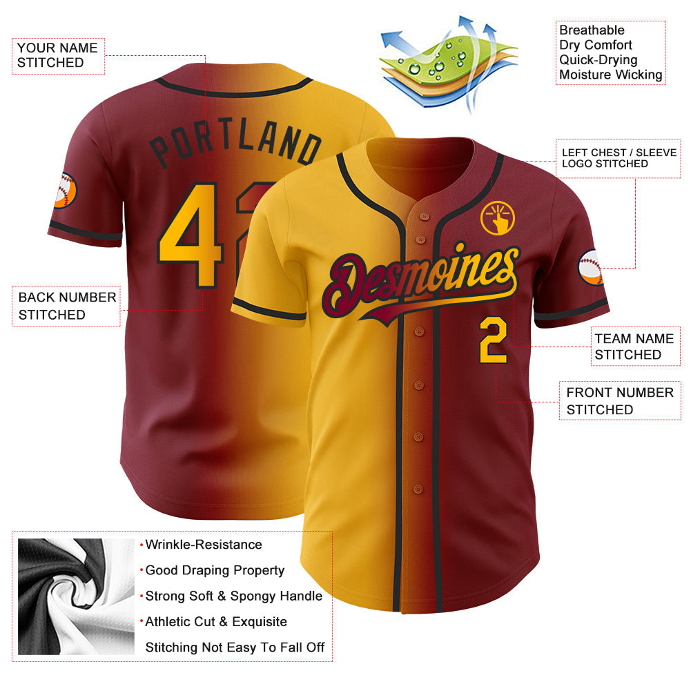 Custom Maroon Gold-Black Authentic Gradient Fashion Baseball Jersey baseball jersey product view 4