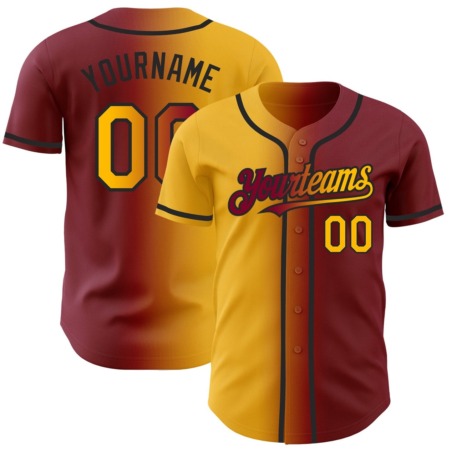 Custom Maroon Gold-Black Authentic Gradient Fashion Baseball Jersey baseball jersey product view 1