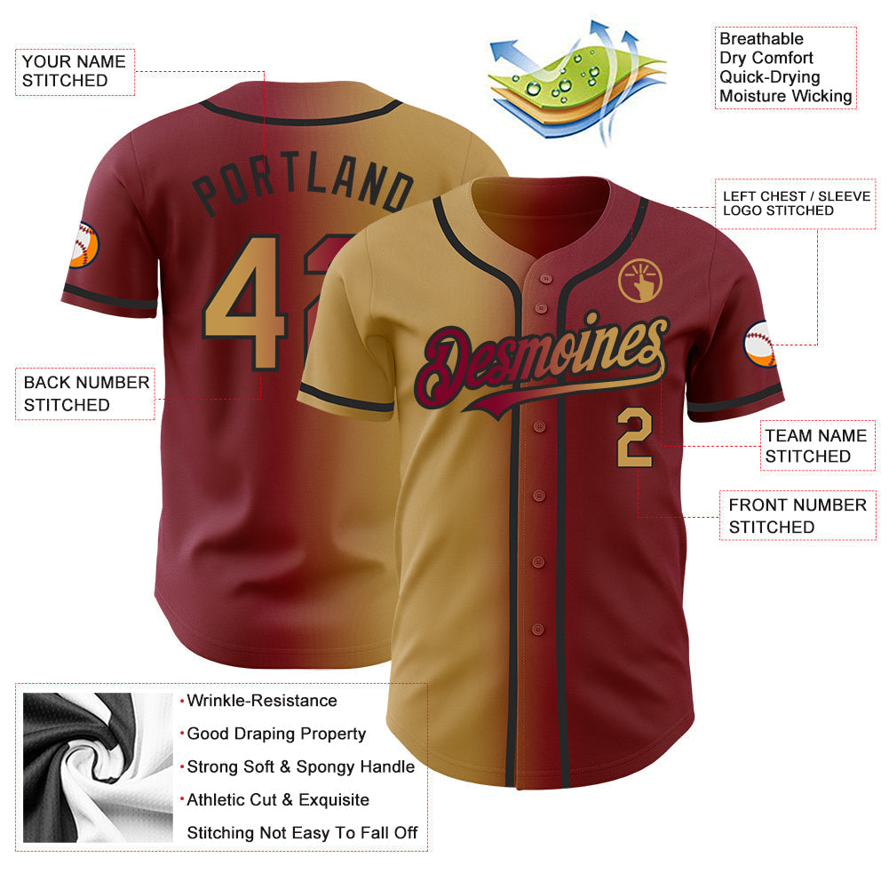 Custom Maroon Old Gold-Black Authentic Gradient Fashion Baseball Jersey baseball jersey product view 3