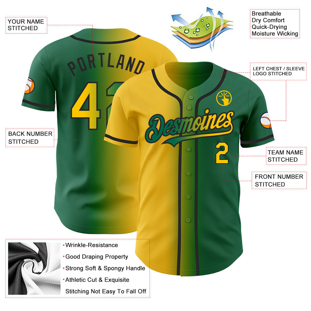 Custom Kelly Green Yellow-Black Authentic Gradient Fashion Baseball Jersey baseball jersey product view 3