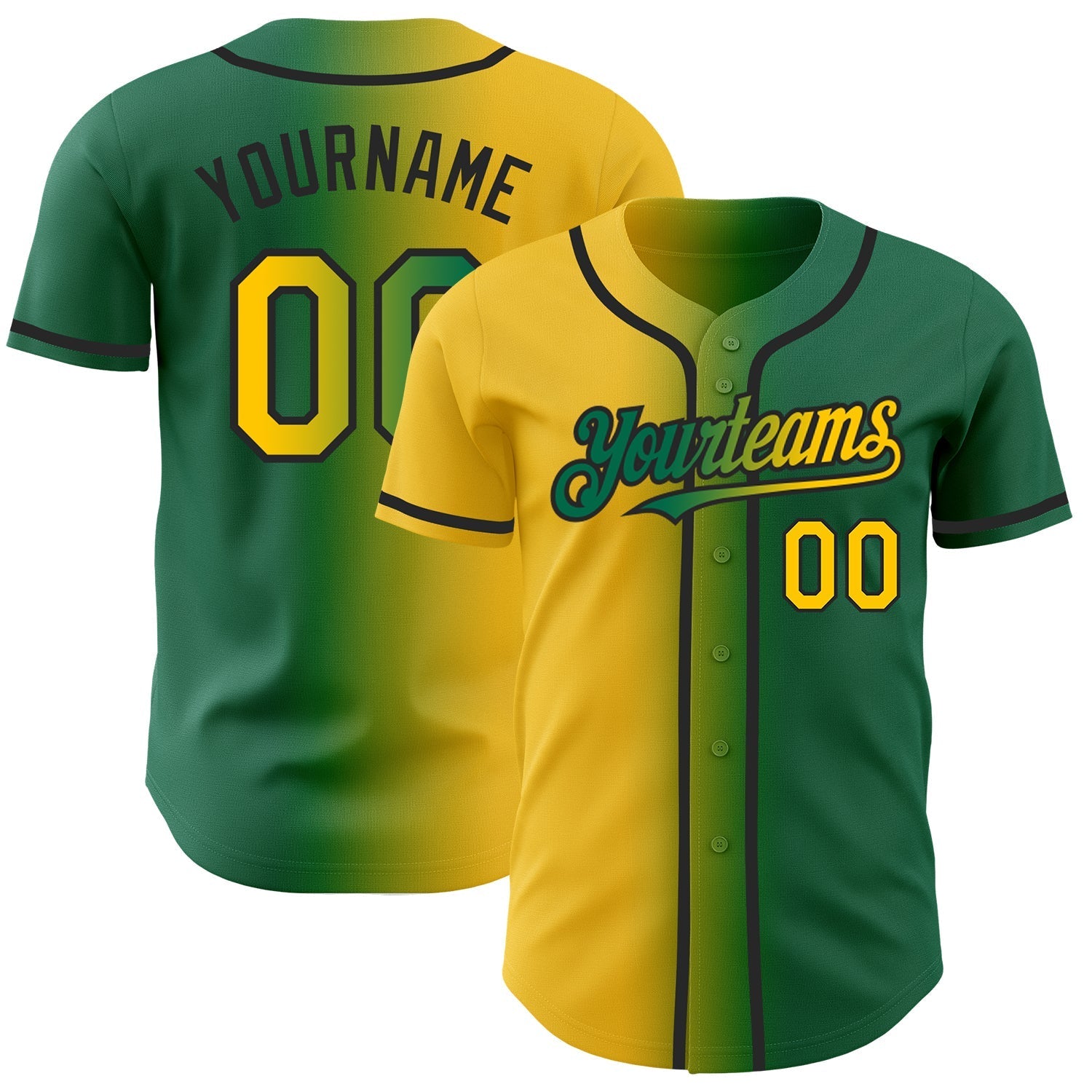 Custom Kelly Green Yellow-Black Authentic Gradient Fashion Baseball Jersey baseball jersey product view 1