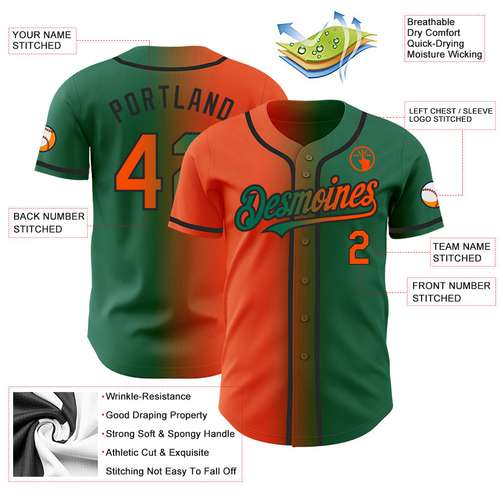 Custom Kelly Green Orange-Black Authentic Gradient Fashion Baseball Jersey baseball jersey product view 3