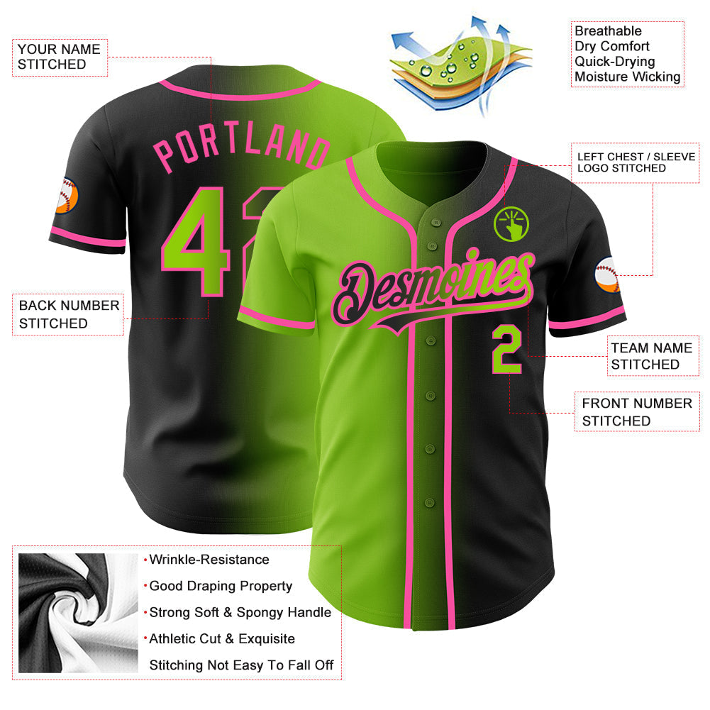 Custom Black Neon Green-Pink Authentic Gradient Fashion Baseball Jersey baseball jersey product view 3