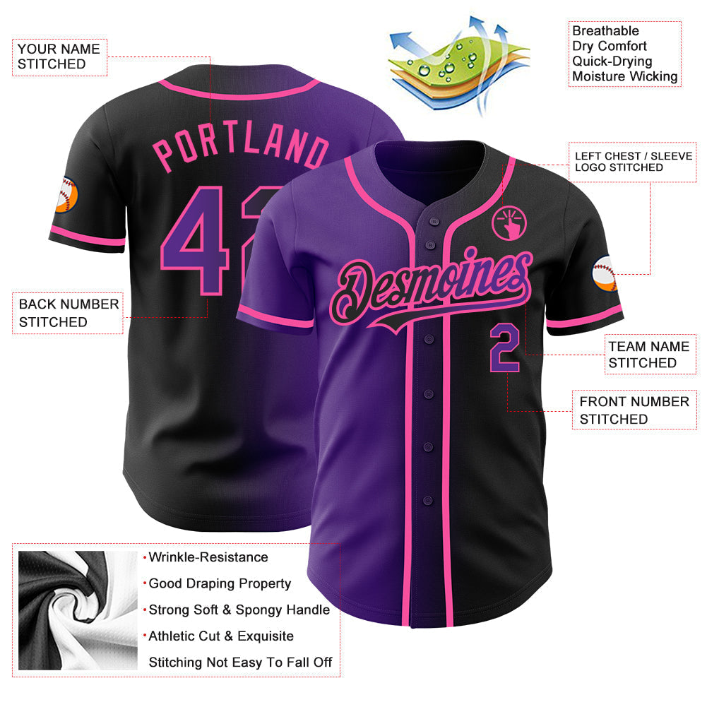 Custom Black Purple-Pink Authentic Gradient Fashion Baseball Jersey baseball jersey product view 3