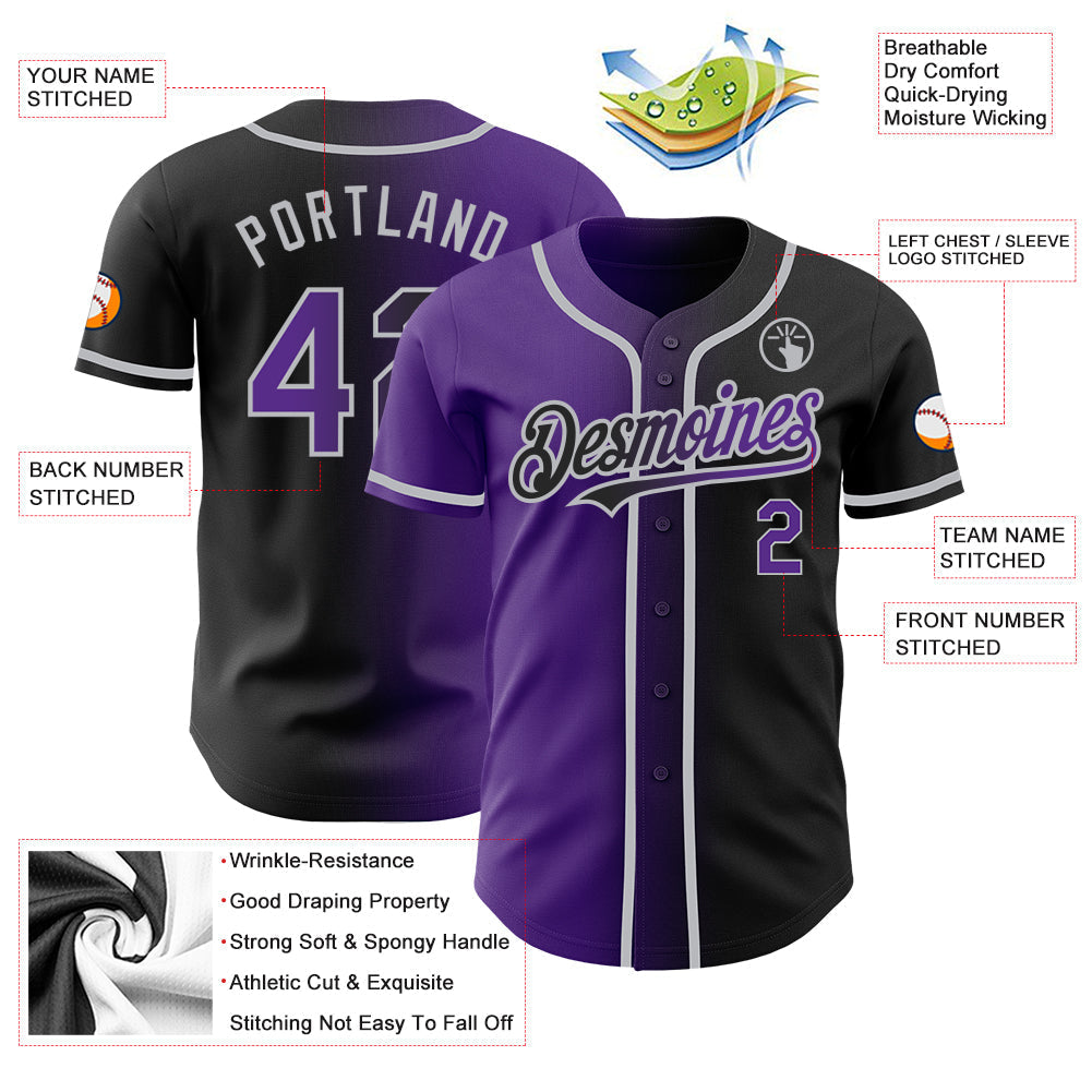 Custom Black Purple-Gray Authentic Gradient Fashion Baseball Jersey baseball jersey product view 3