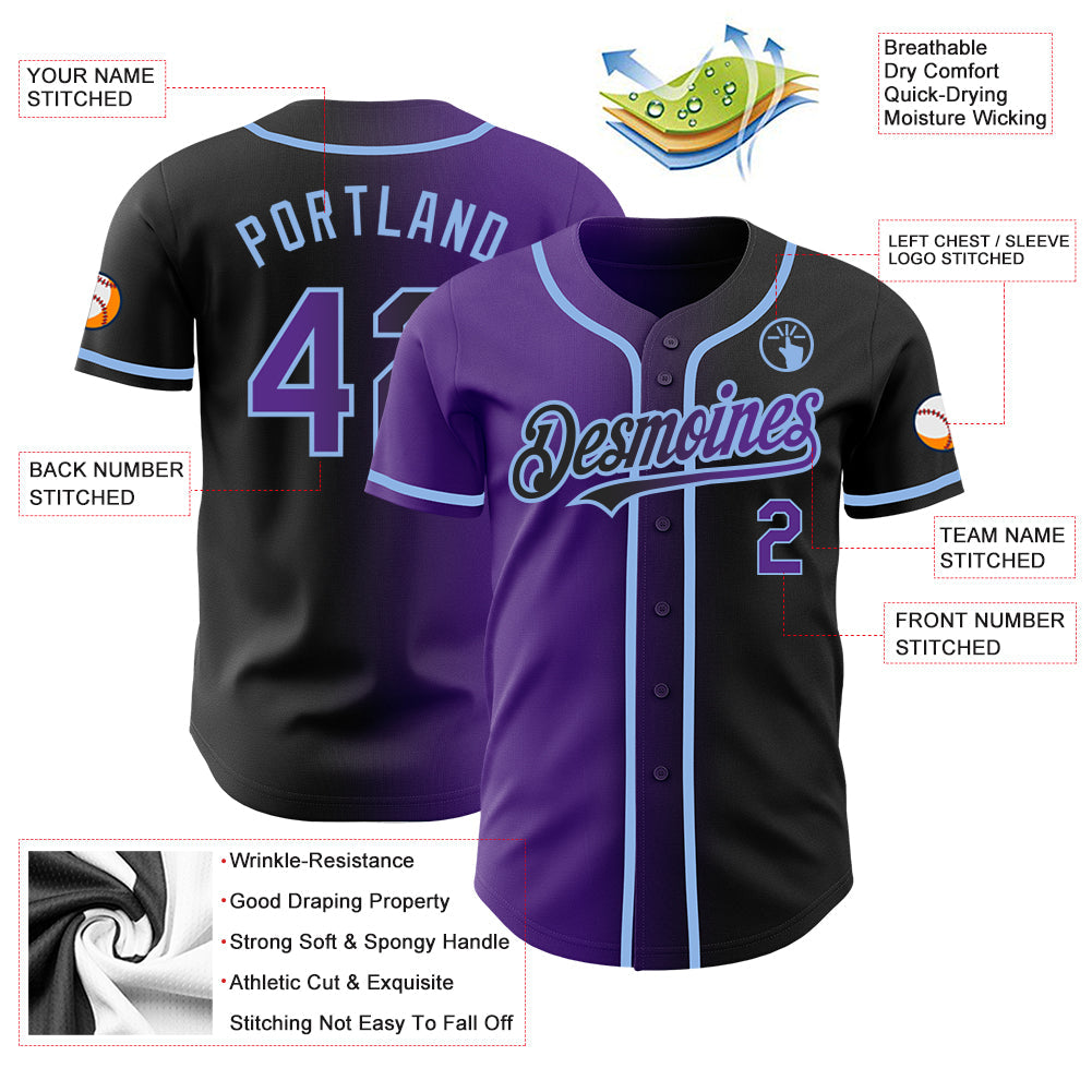 Custom Black Purple-Light Blue Authentic Gradient Fashion Baseball Jersey baseball jersey product view 3