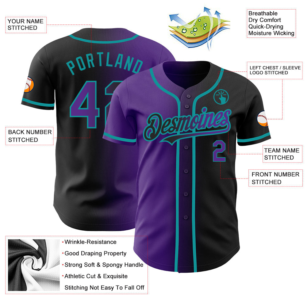 Custom Black Purple-Teal Authentic Gradient Fashion Baseball Jersey baseball jersey product view 3