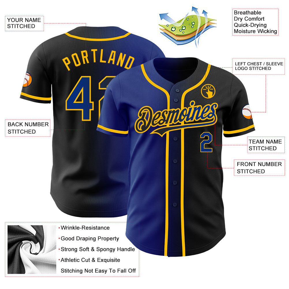 Custom Black Royal-Gold Authentic Gradient Fashion Baseball Jersey baseball jersey product view 3