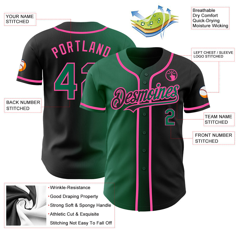 Custom Black Kelly Green-Pink Authentic Gradient Fashion Baseball Jersey baseball jersey product view 3