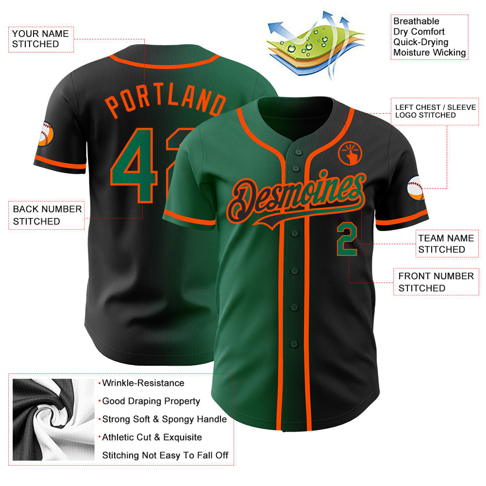 Custom Black Kelly Green-Orange Authentic Gradient Fashion Baseball Jersey baseball jersey product view 3