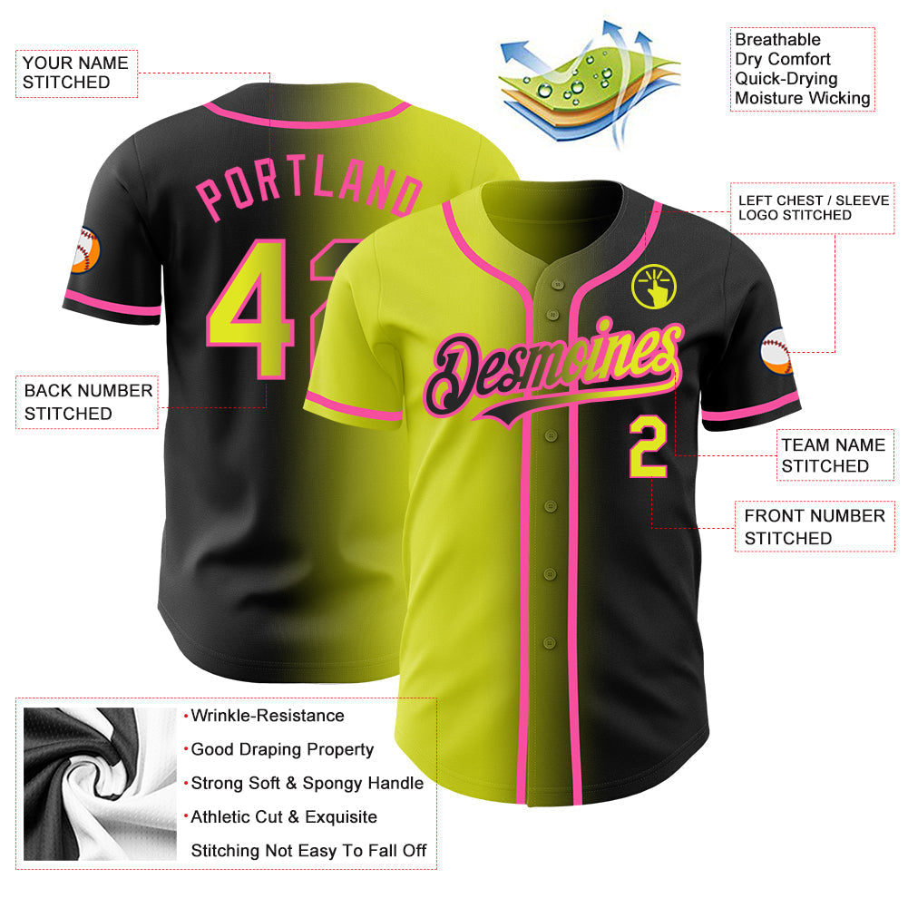 Custom Black Neon Yellow-Pink Authentic Gradient Fashion Baseball Jersey baseball jersey product view 3