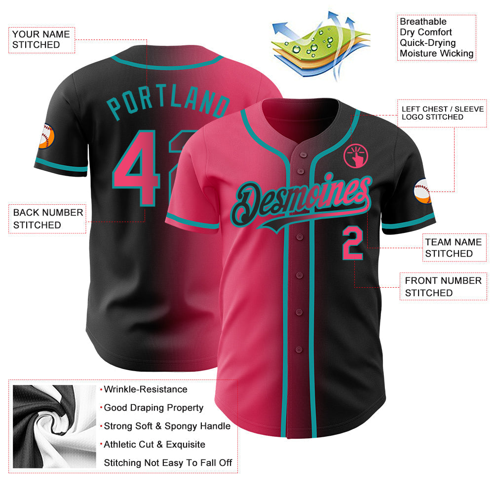 Custom Black Neon Pink-Teal Authentic Gradient Fashion Baseball Jersey baseball jersey product view 3