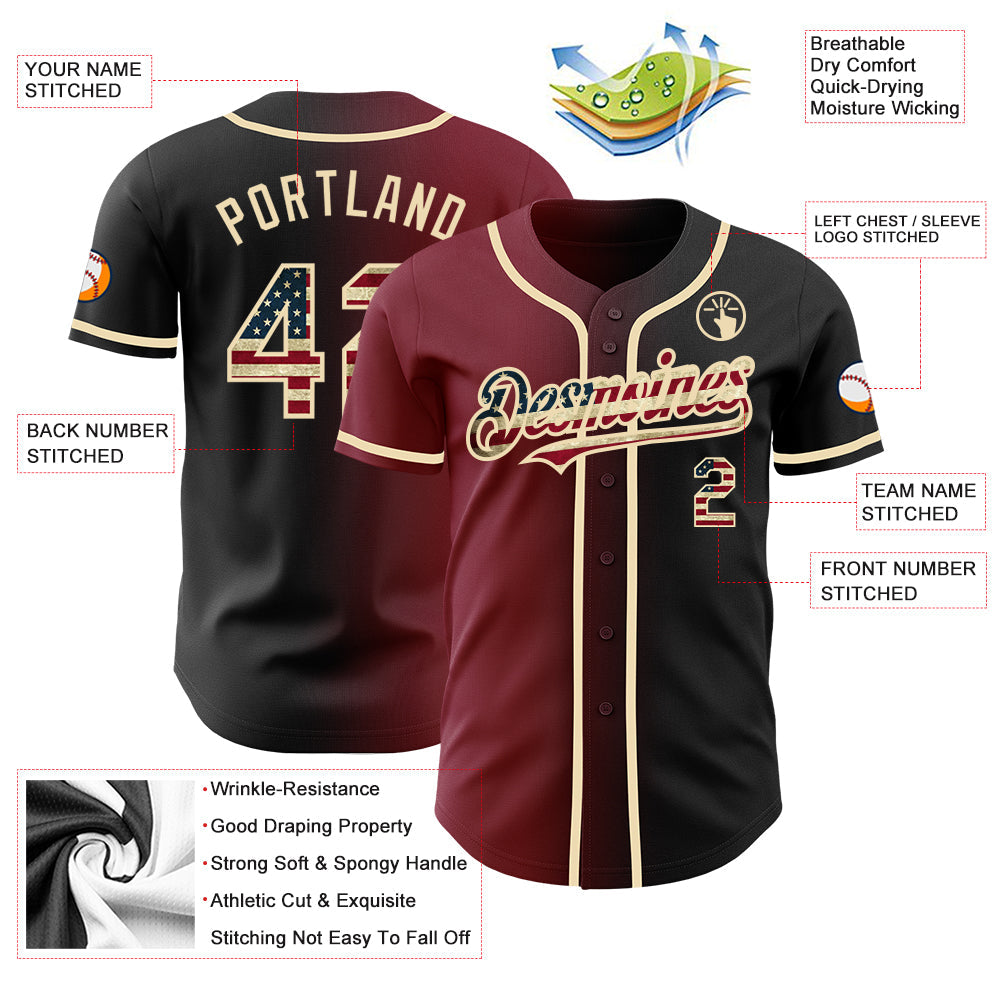 Custom Black Vintage USA Flag Crimson-City Cream Authentic Gradient Fashion Baseball Jersey baseball jersey product view 3