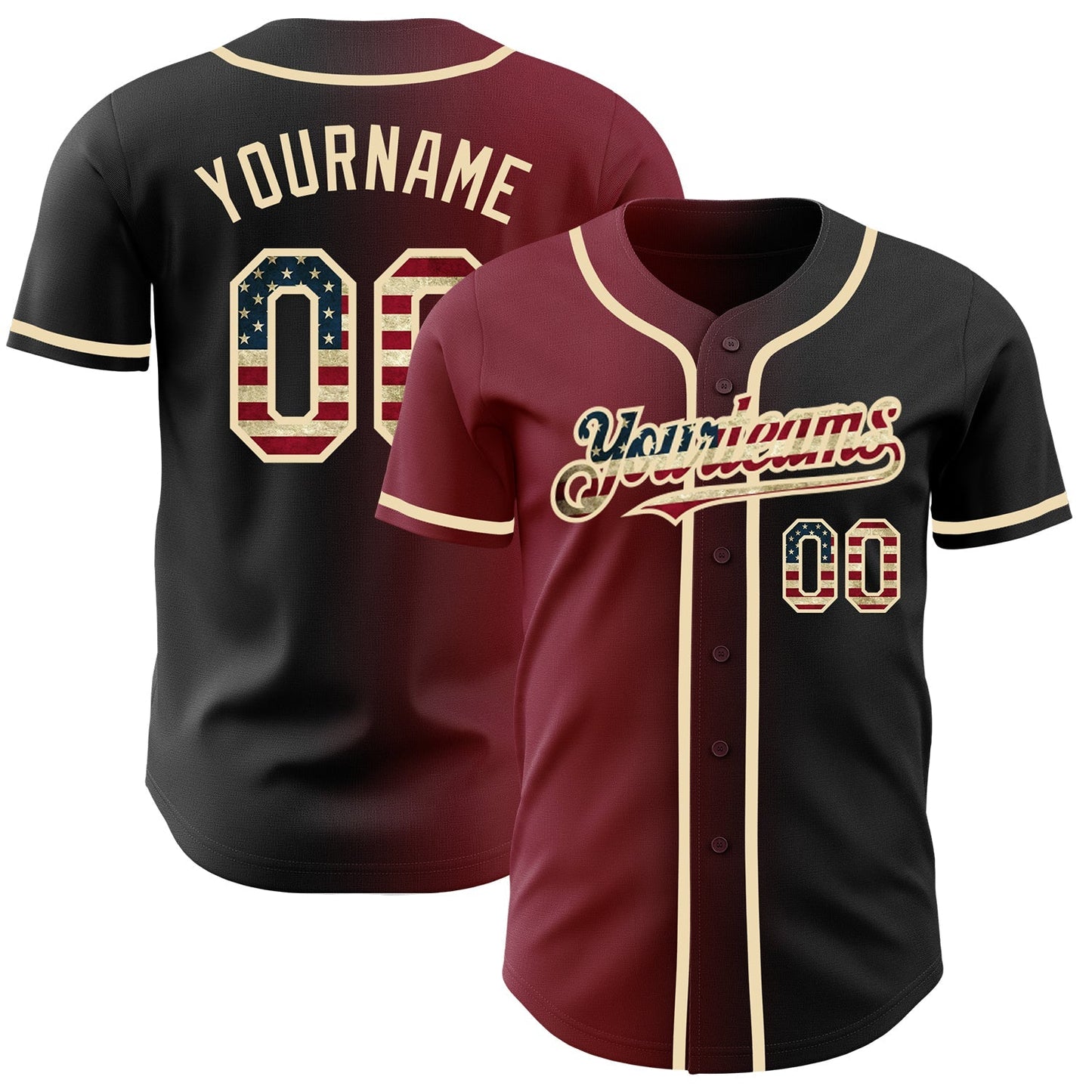 Custom Black Vintage USA Flag Crimson-City Cream Authentic Gradient Fashion Baseball Jersey baseball jersey product view 1