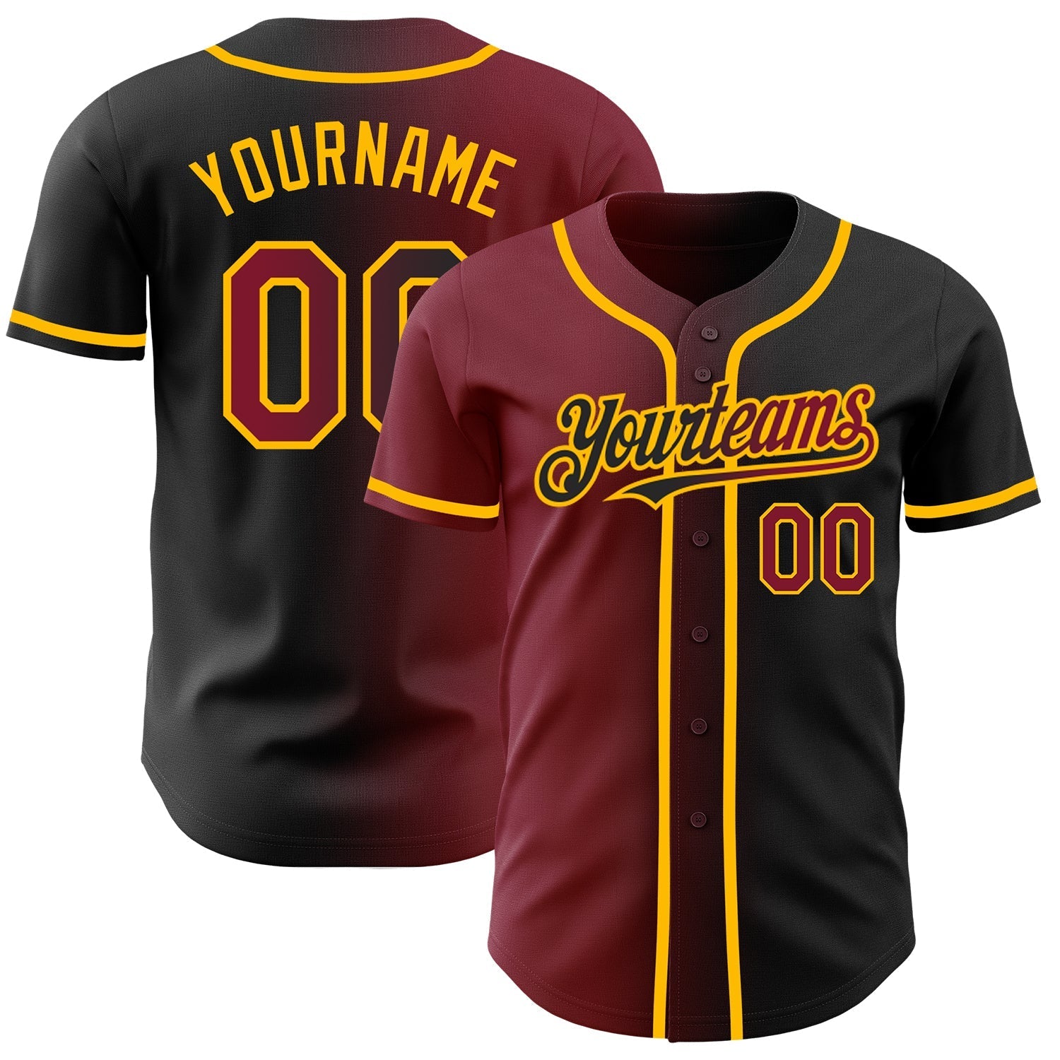 Custom Black Crimson-Gold Authentic Gradient Fashion Baseball Jersey baseball jersey product view 1