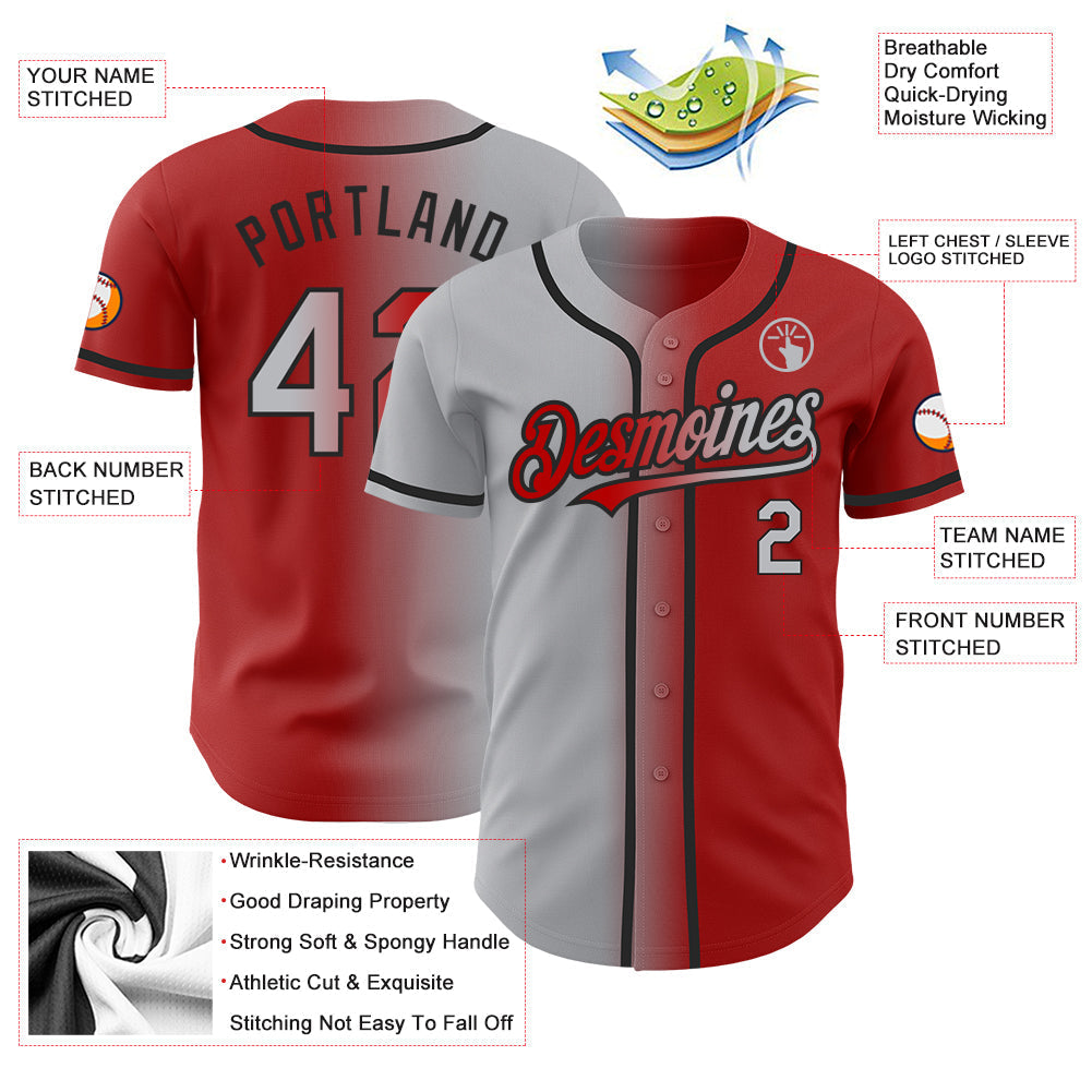 Custom Red Gray-Black Authentic Gradient Fashion Baseball Jersey baseball jersey product view 3