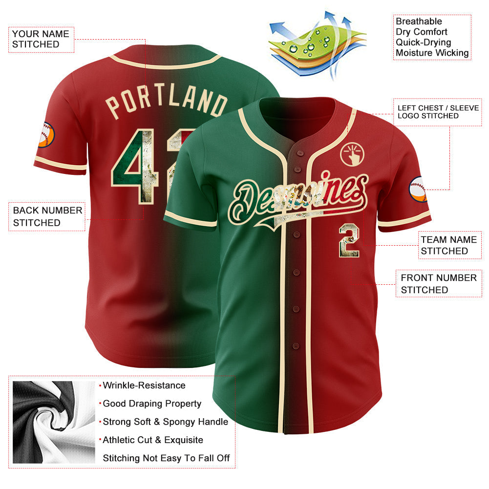 Custom Red Vintage Mexican Flag Kelly Green-City Cream Authentic Gradient Fashion Baseball Jersey baseball jersey product view 3