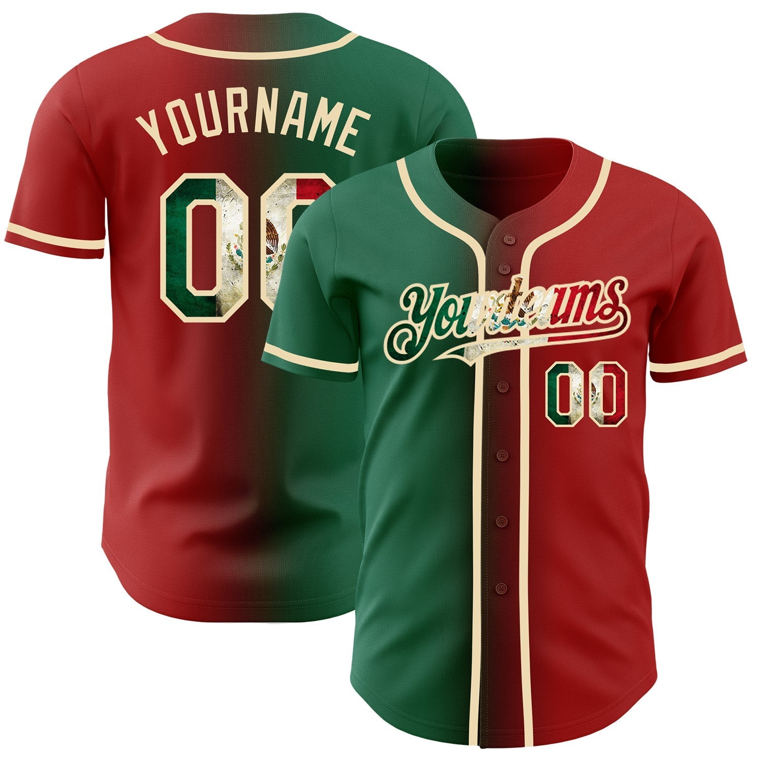 Custom Red Vintage Mexican Flag Kelly Green-City Cream Authentic Gradient Fashion Baseball Jersey baseball jersey product view 1