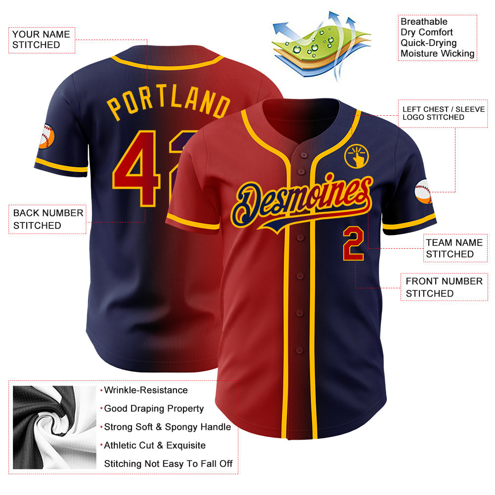 Custom Navy Red-Gold Authentic Gradient Fashion Baseball Jersey baseball jersey product view 3