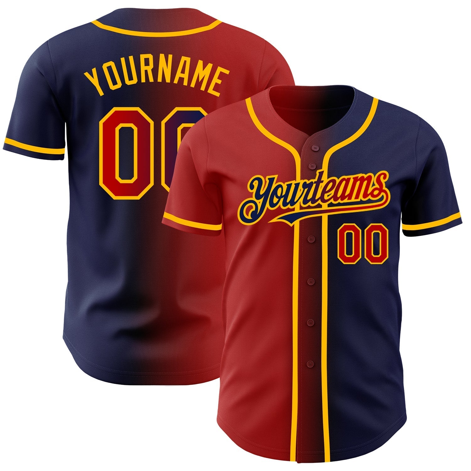 Custom Navy Red-Gold Authentic Gradient Fashion Baseball Jersey baseball jersey product view 1