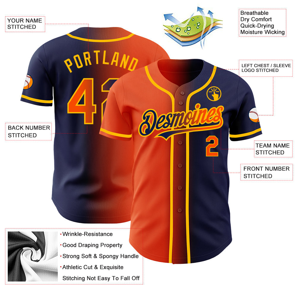 Custom Navy Orange-Gold Authentic Gradient Fashion Baseball Jersey baseball jersey product view 3