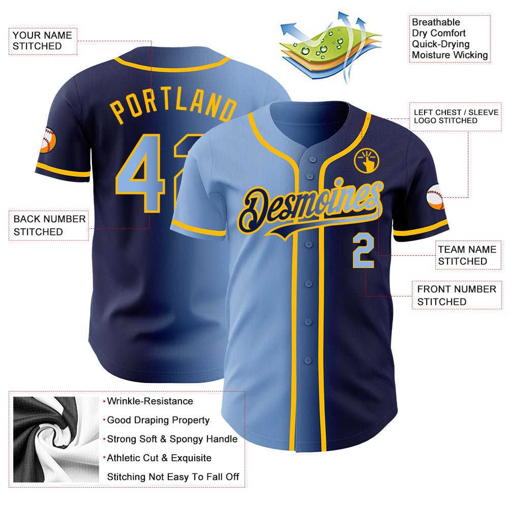 Custom Navy Light Blue-Gold Authentic Gradient Fashion Baseball Jersey baseball jersey product view 3