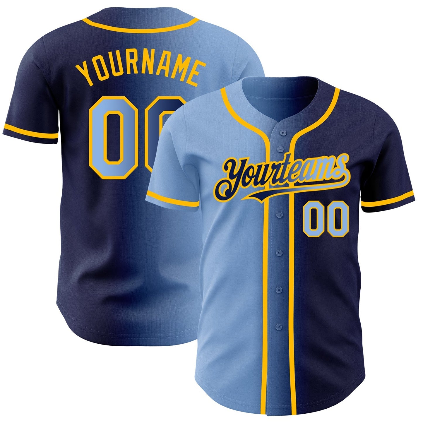 Custom Navy Light Blue-Gold Authentic Gradient Fashion Baseball Jersey baseball jersey product view 1