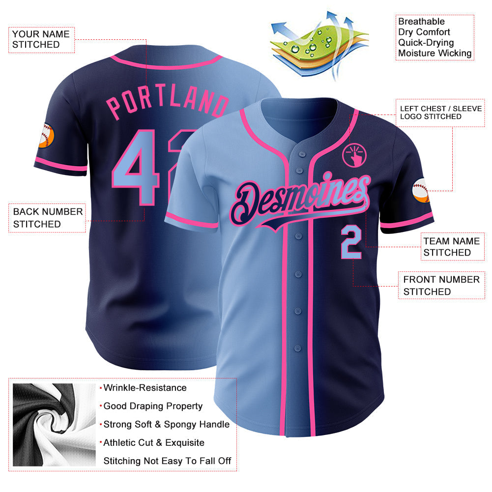 Custom Navy Light Blue-Pink Authentic Gradient Fashion Baseball Jersey baseball jersey product view 3