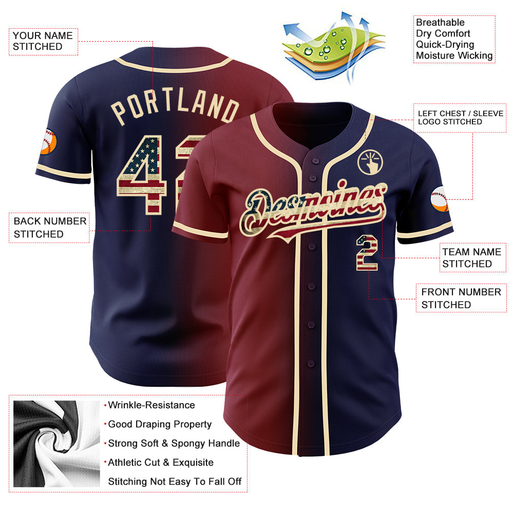 Custom Navy Vintage USA Flag Maroon-City Cream Authentic Gradient Fashion Baseball Jersey baseball jersey product view 3