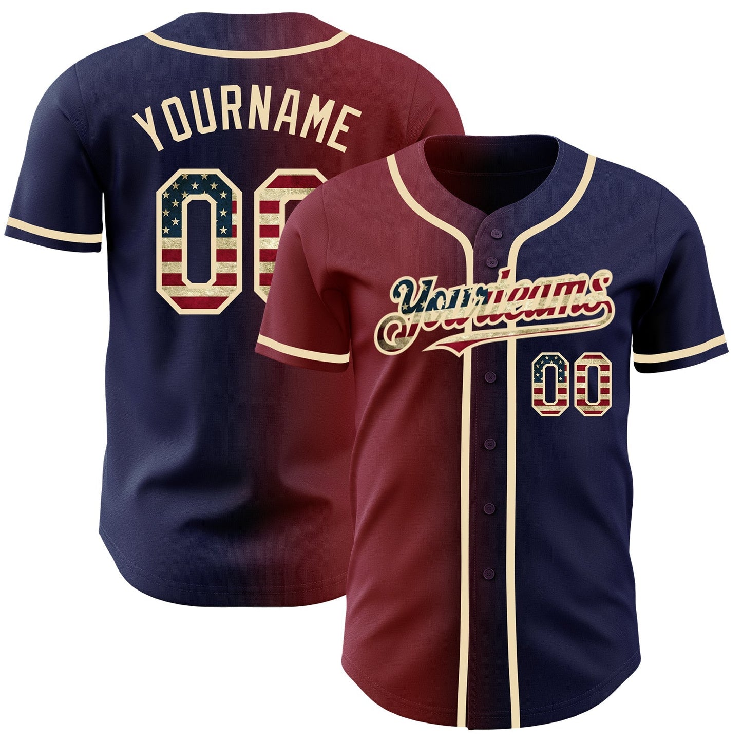 Custom Navy Vintage USA Flag Maroon-City Cream Authentic Gradient Fashion Baseball Jersey baseball jersey product view 1