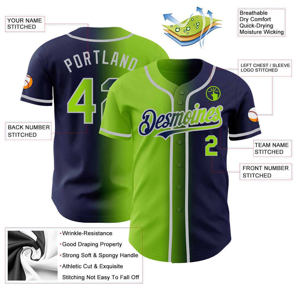 Custom Navy Neon Green-Gray Authentic Gradient Fashion Baseball Jersey baseball jersey product view 3