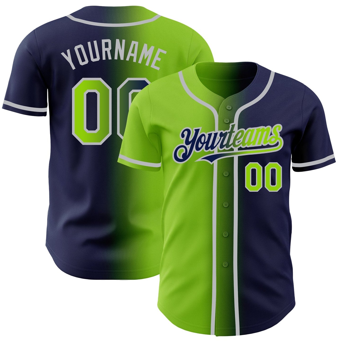 Custom Navy Neon Green-Gray Authentic Gradient Fashion Baseball Jersey baseball jersey product view 1