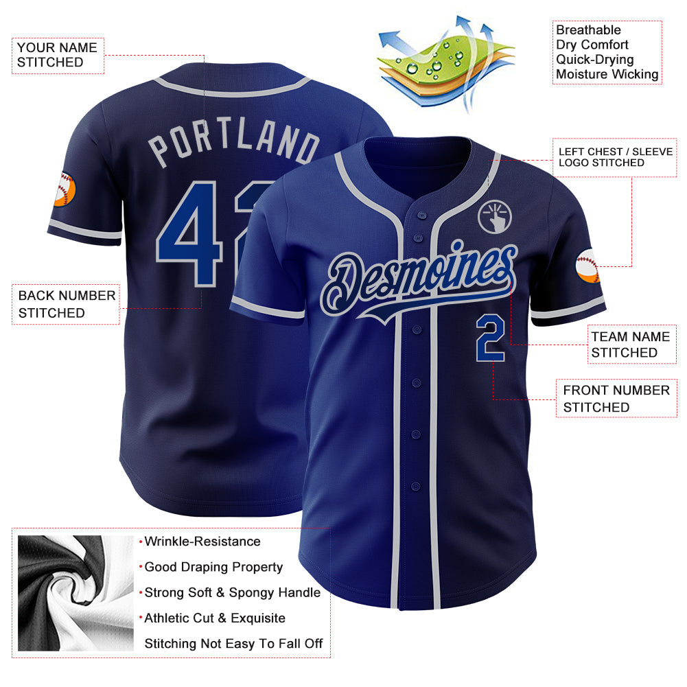 Custom Navy Royal-Gray Authentic Gradient Fashion Baseball Jersey baseball jersey product view 3