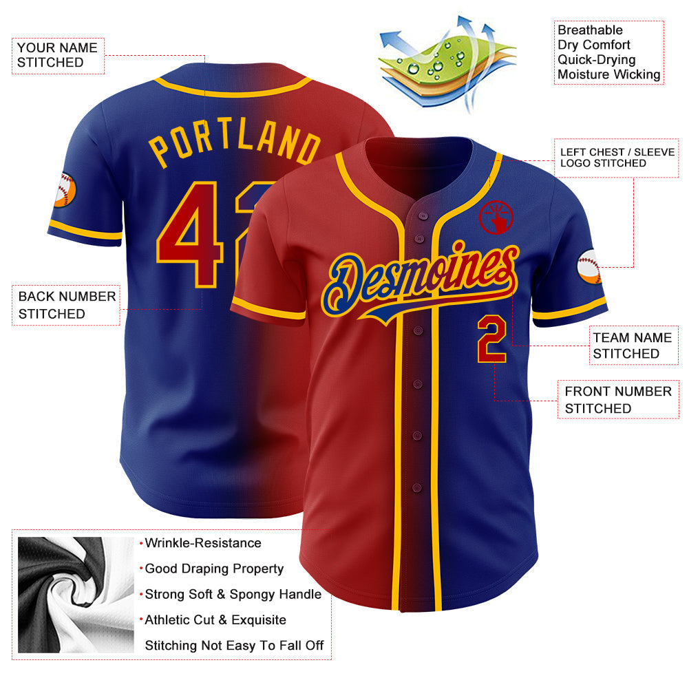Custom Royal Red-Gold Authentic Gradient Fashion Baseball Jersey baseball jersey product view 3