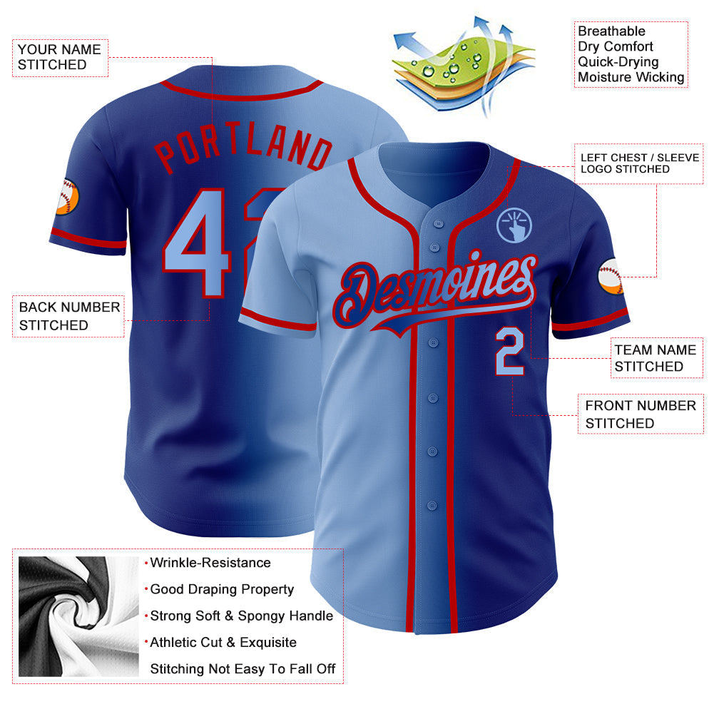 Custom Royal Light Blue-Red Authentic Gradient Fashion Baseball Jersey baseball jersey product view 3