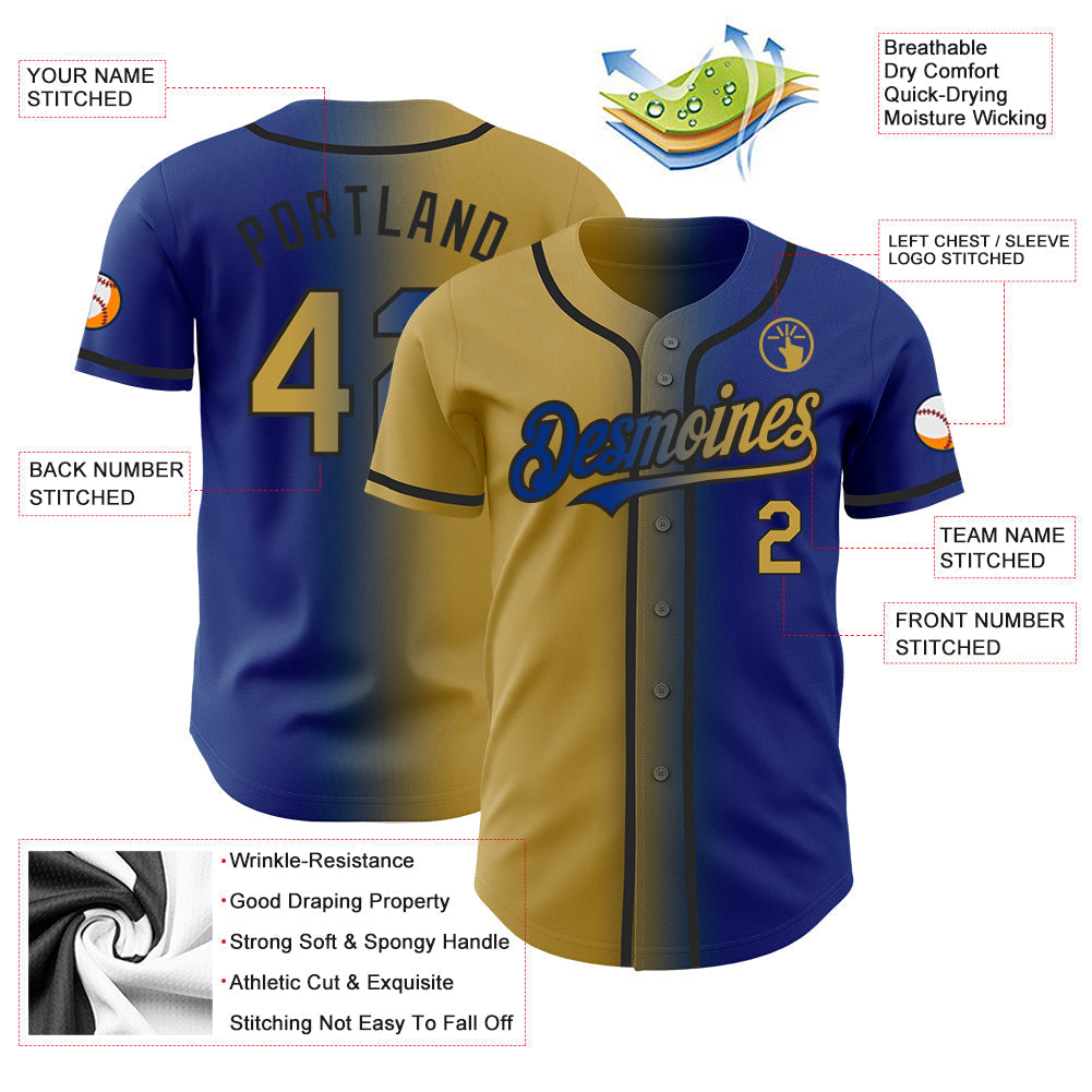 Custom Royal Old Gold-Black Authentic Gradient Fashion Baseball Jersey baseball jersey product view 3
