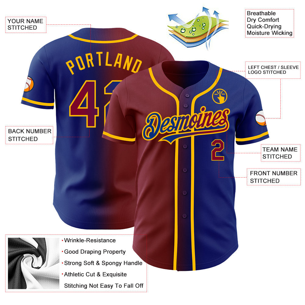 Custom Royal Maroon-Gold Authentic Gradient Fashion Baseball Jersey baseball jersey product view 3