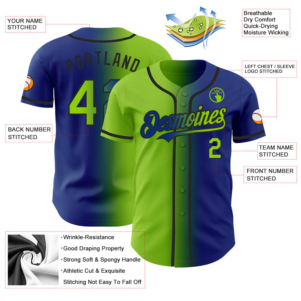 Custom Royal Neon Green-Black Authentic Gradient Fashion Baseball Jersey baseball jersey product view 3