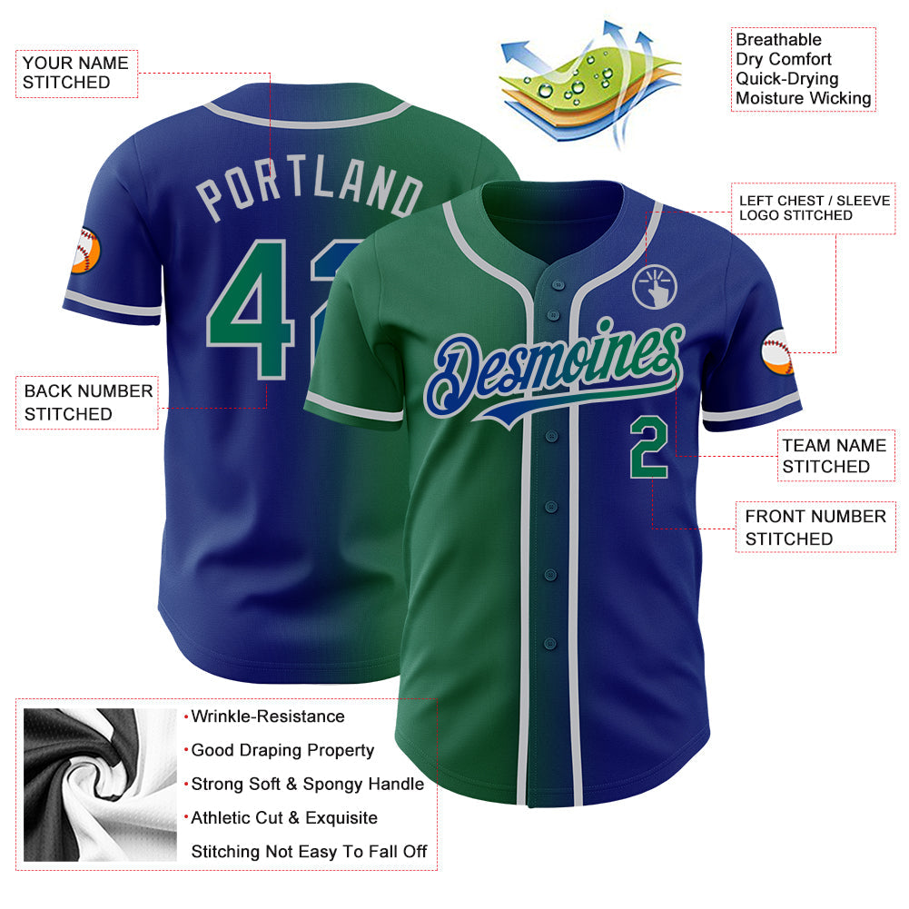 Custom Royal Kelly Green-Gray Authentic Gradient Fashion Baseball Jersey baseball jersey product view 4