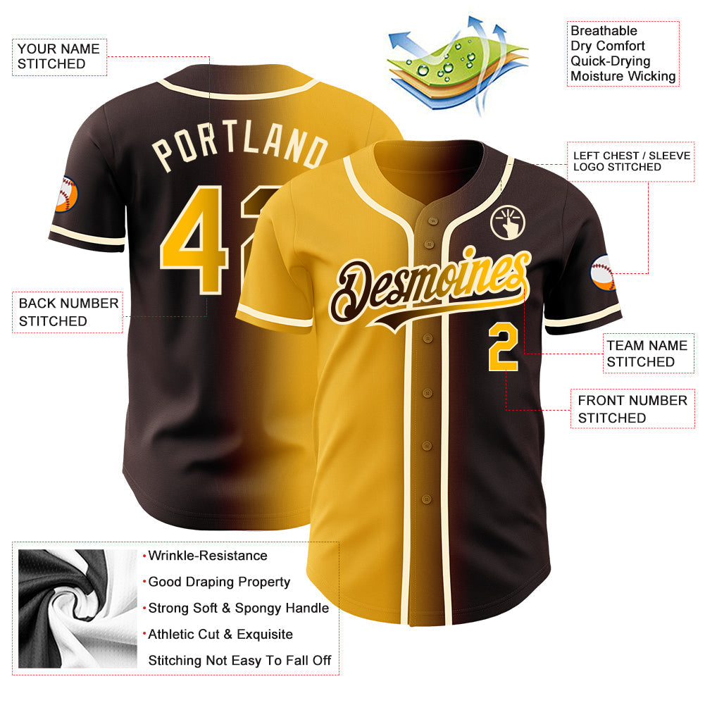 Custom Brown Gold-Cream Authentic Gradient Fashion Baseball Jersey baseball jersey product view 3