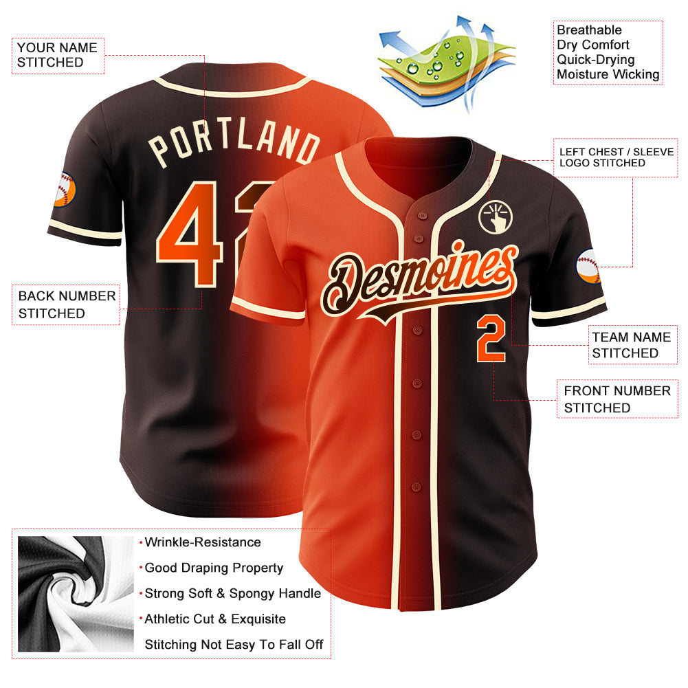 Custom Brown Orange-Cream Authentic Gradient Fashion Baseball Jersey baseball jersey product view 3