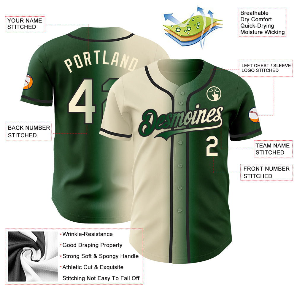 Custom Green Cream-Black Authentic Gradient Fashion Baseball Jersey baseball jersey product view 3
