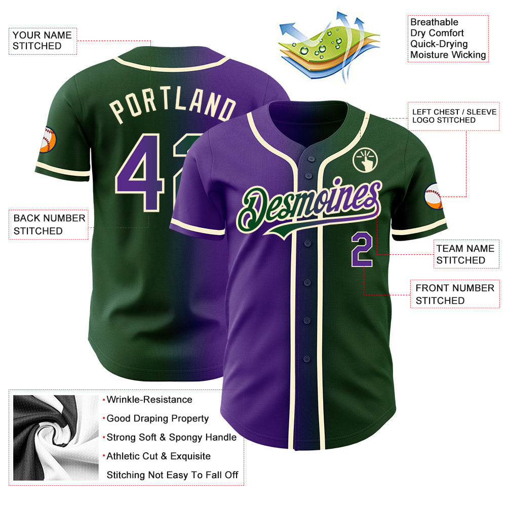 Custom Green Purple-Cream Authentic Gradient Fashion Baseball Jersey baseball jersey product view 3